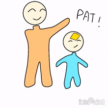 a drawing of a man and a child with pat written on the bottom right
