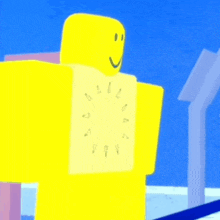 a yellow roblox character with a clock on the back
