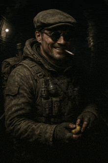 a man wearing a hat and sunglasses is smiling and holding a bomb