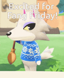 a cartoon wolf is holding a broom and the words excited for fang friday