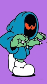 a cartoon character is wearing a blue hoodie with a black face