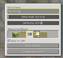 a screenshot of a game that says world name new world game mode survival difficulty normal and resource albums