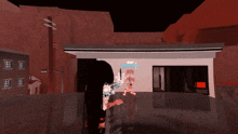a screenshot of a video game shows a girl named short standing in front of a building