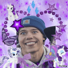 a man wearing a blue carhartt hat is surrounded by purple ponies