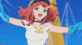 a girl with red hair and blue gloves is wearing a white shirt with a butterfly on it