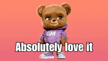 a teddy bear wearing a purple gm sweatshirt