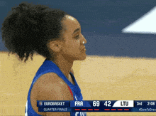 a female basketball player stands in front of a eurobasket quarter-finals scoreboard