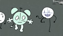 a group of stick figures are standing next to each other and one of them has a smiley face drawn on his face
