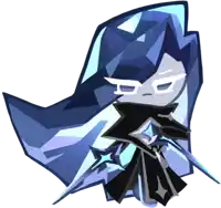 a cartoon character with a blue cape and white eyes