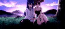 two anime girls are sitting next to each other in the grass