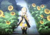 a girl is standing in a field of sunflowers with the letter p on her knee