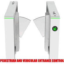 a white pedestrian and vehicular entrance control with green lights
