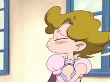 a cartoon character with blonde hair is standing in front of a blue window