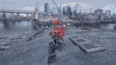a video game scene with a red circle in the middle of the screen
