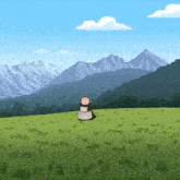 a cow is standing in a grassy field with mountains in the background .