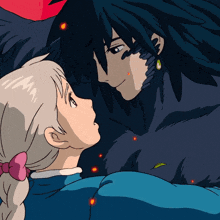 a cartoon of a man and a woman looking into each others eyes