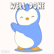 a penguin says well done in white letters on a white background