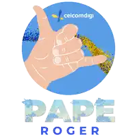 a blue circle with a hand giving a thumbs up and the word pape roger