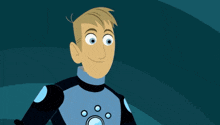 a cartoon character is smiling with his arms outstretched in a blue suit