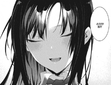 a black and white drawing of a girl with her eyes closed and the words good boy above her head