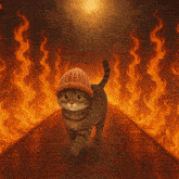 a cat wearing a knitted hat is walking through a tunnel of flames