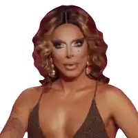 a woman with a tattoo on her arm and a plunging neckline