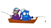 two cartoon characters are fishing in a boat with a bottle of fish in it