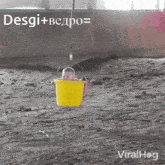 a baby in a yellow bucket with the words desgi + bedpo written on the top
