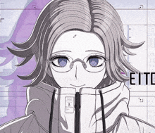 a black and white drawing of a girl with glasses and a jacket .