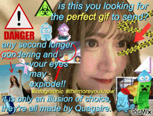 a picture of a girl with a sign that says danger any second longer rendering and your eyes may explode