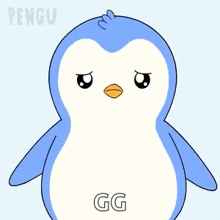 a cartoon penguin holding a sign that says sorry gg