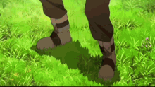 a person 's feet are shown standing in a field of grass