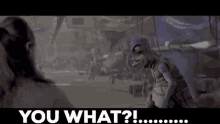 a cartoon character is standing in front of a woman and asking , `` you what ? ''
