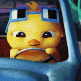 a cartoon duck wearing sunglasses and a hat is driving a car