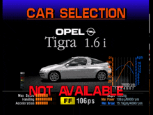 a car selection screen shows a opel tigra 1.6 i