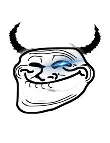 a troll face with horns and a blue eye winks