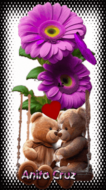 a couple of teddy bears sitting on a swing with the name anita cruz