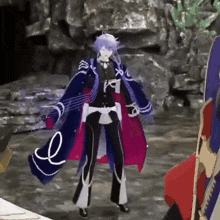 a purple haired anime character is standing in front of a rock wall .