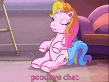 a cartoon pony is sitting on the floor and the words goodbye chat are above it