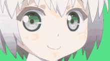 a close up of a girl 's face with green eyes and a smile .