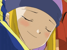 a close up of a cartoon character with her eyes closed and a smile on her face