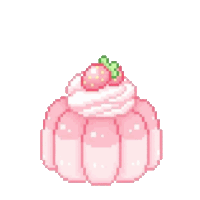 a pixel art illustration of a pink pudding with whipped cream and a strawberry on top .