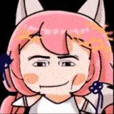 a close up of a cartoon character with pink hair and ears .