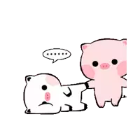 two pigs are standing next to each other and one is laying down .