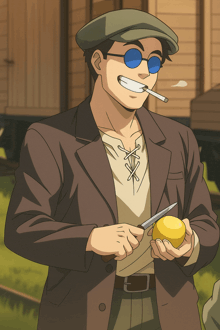 a man wearing sunglasses and a hat is smoking a cigarette and holding a lemon