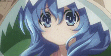 a close up of a blue haired anime girl with a hat on .