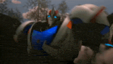a robot with blue eyes is standing in front of trees .