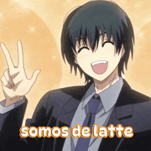 a man in a suit and tie is giving a peace sign and the words somos de latte are below him