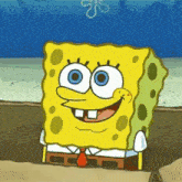 a close up of spongebob 's face with blue eyes