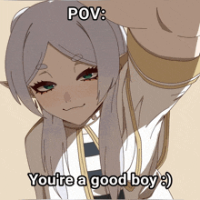 a picture of a girl with a caption that says " pov : you 're a good boy "